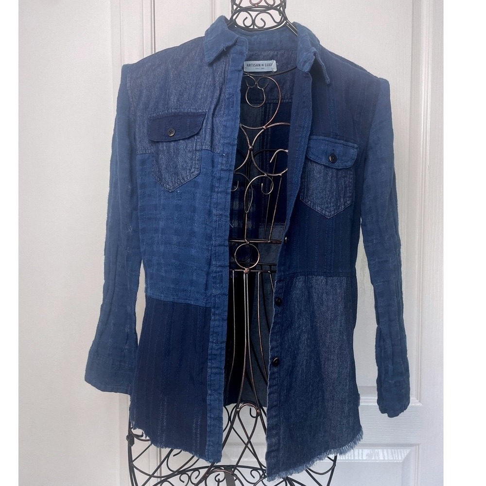 Anthropologie Artisan De Luxe Patchwork Denim Shirt Womens XS Frayed Hem Western